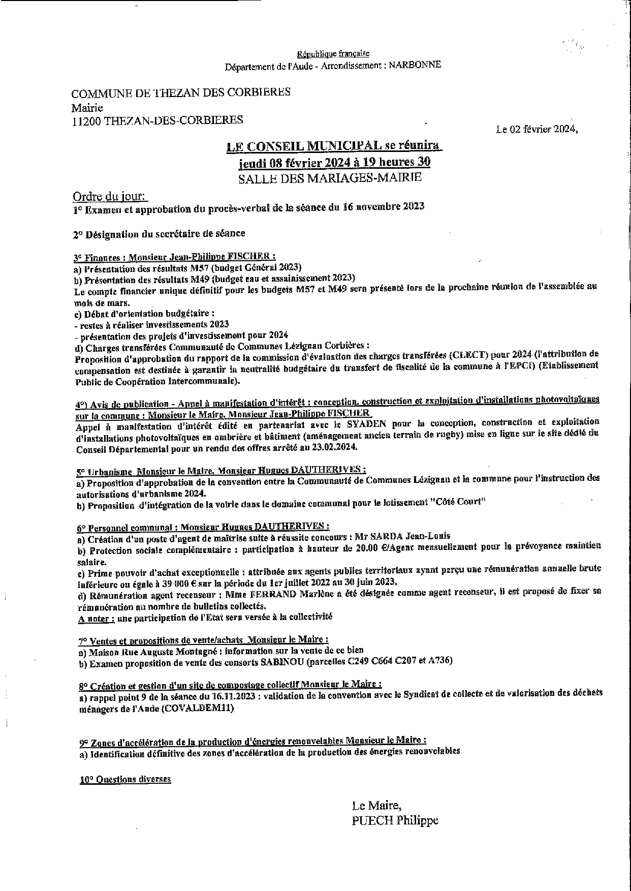 CONSEIL MUNICIPAL 8 FEVRIER 2024